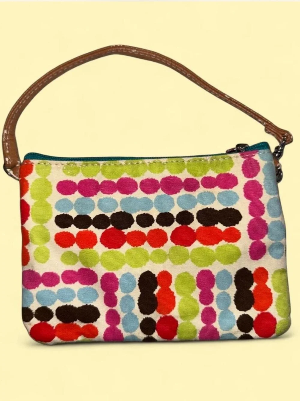 Vintage Y2K Lily Bloom Teal Top Multicolor Dot Wristlet with Tan Strap